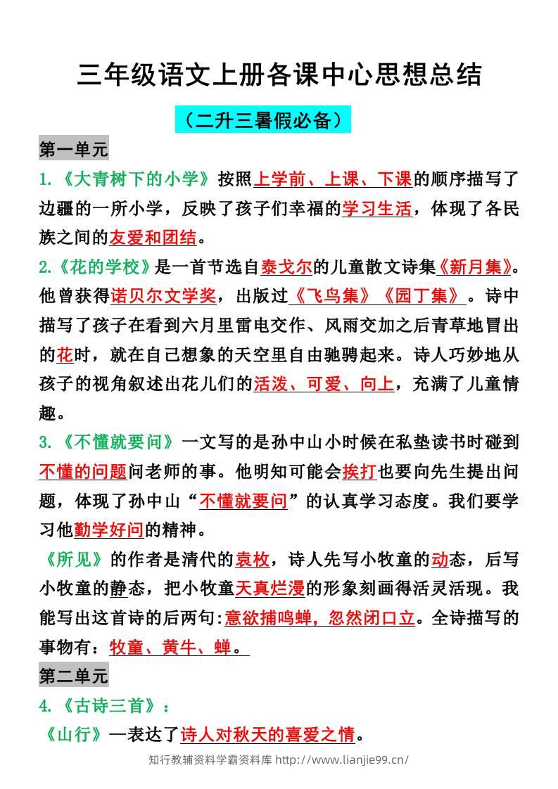 三年级语文上册各课中心思想总结-学霸资料库学科资源下载