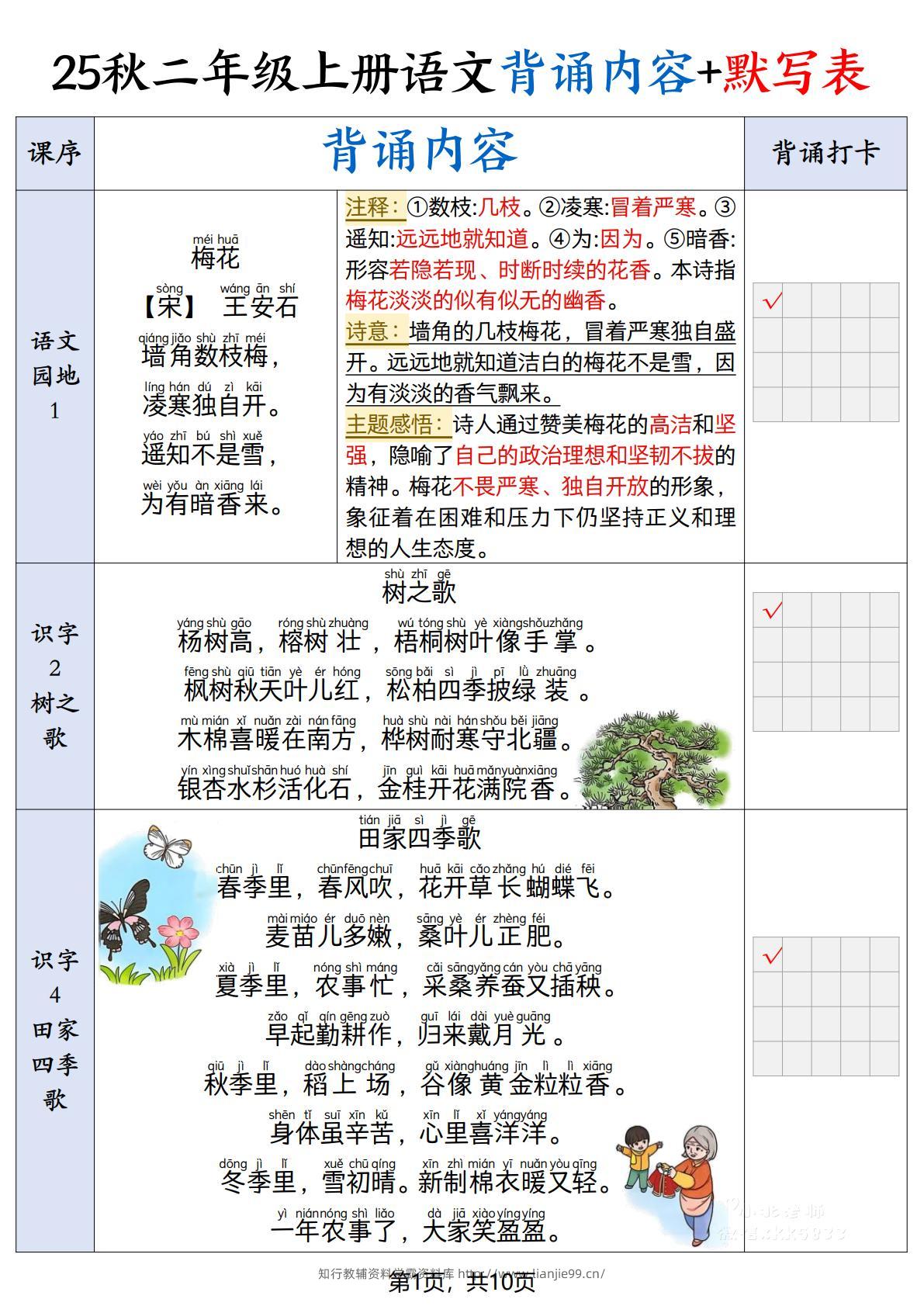 25秋二上语文暑假背诵内容+默写表（10页）-学霸资料库学科资源下载