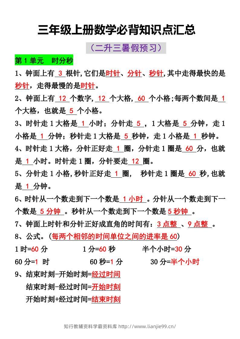 三年级上册数学必背知识点汇总-学霸资料库学科资源下载