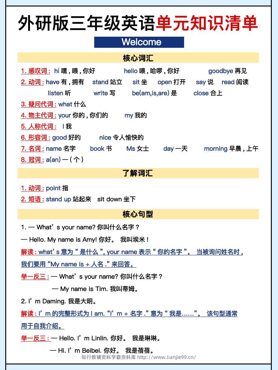 外研三上英语知识清单全-学霸资料库学科资源下载