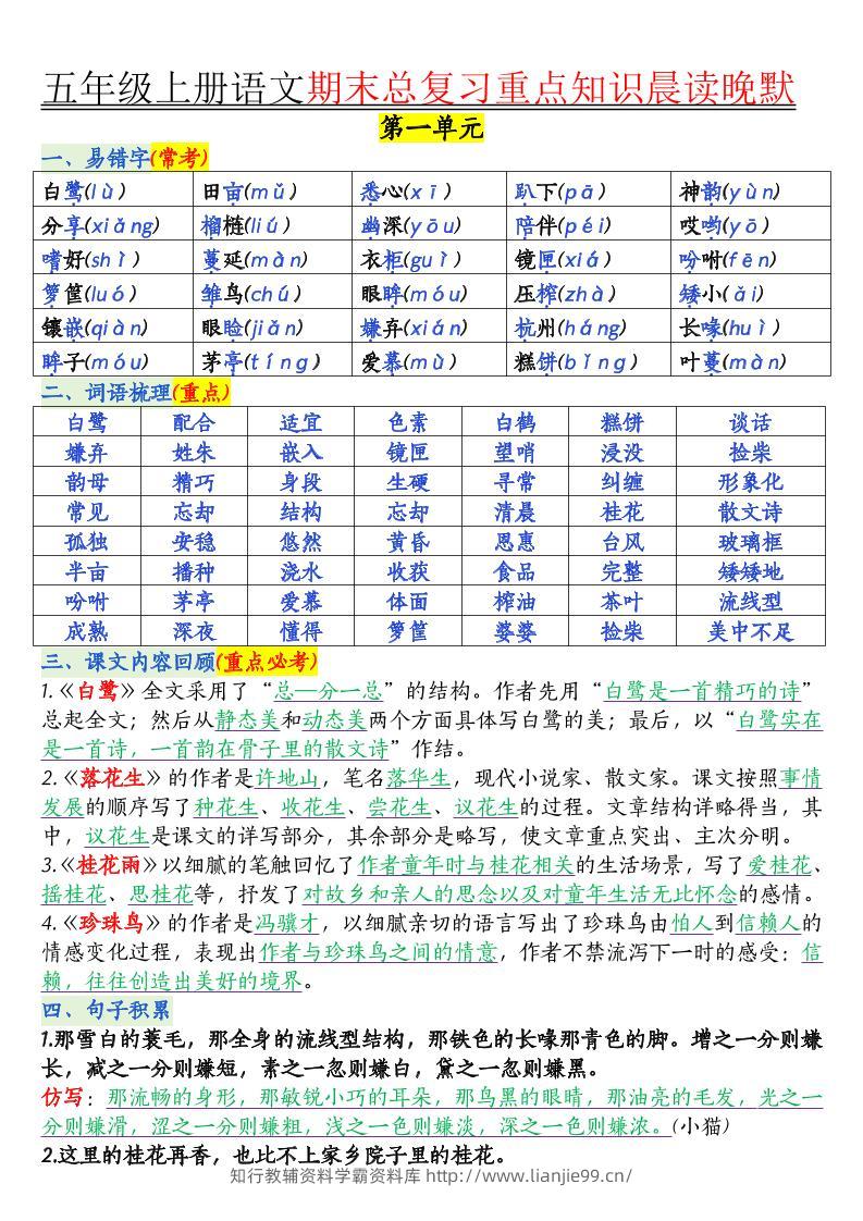 五年级上册语文1-8单元知识点汇总16页-学霸资料库学科资源下载