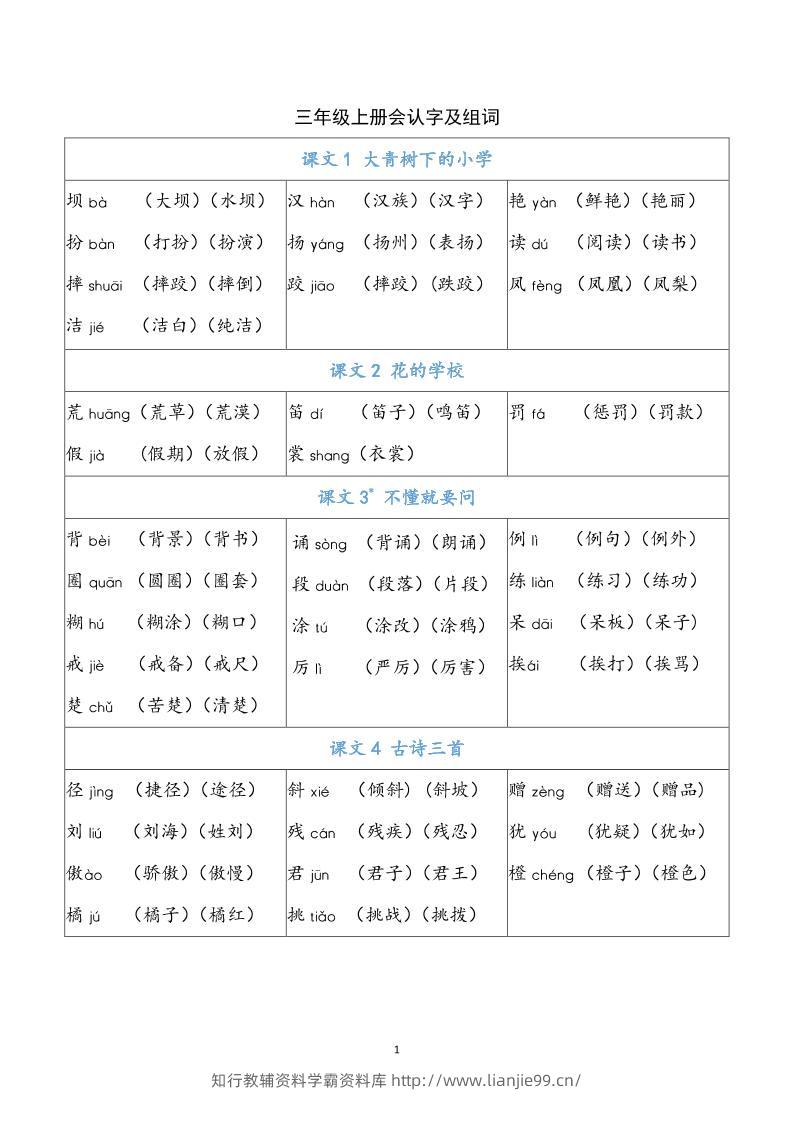三上语文-识字表生字组词-学霸资料库学科资源下载