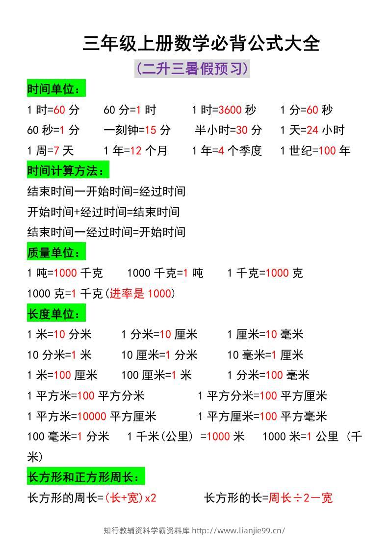 三年级上册数学必背公式大全-学霸资料库学科资源下载
