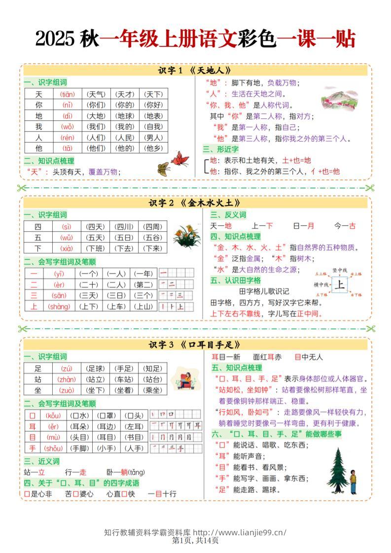 25秋一上语文彩色一课一贴（14页）-学霸资料库学科资源下载