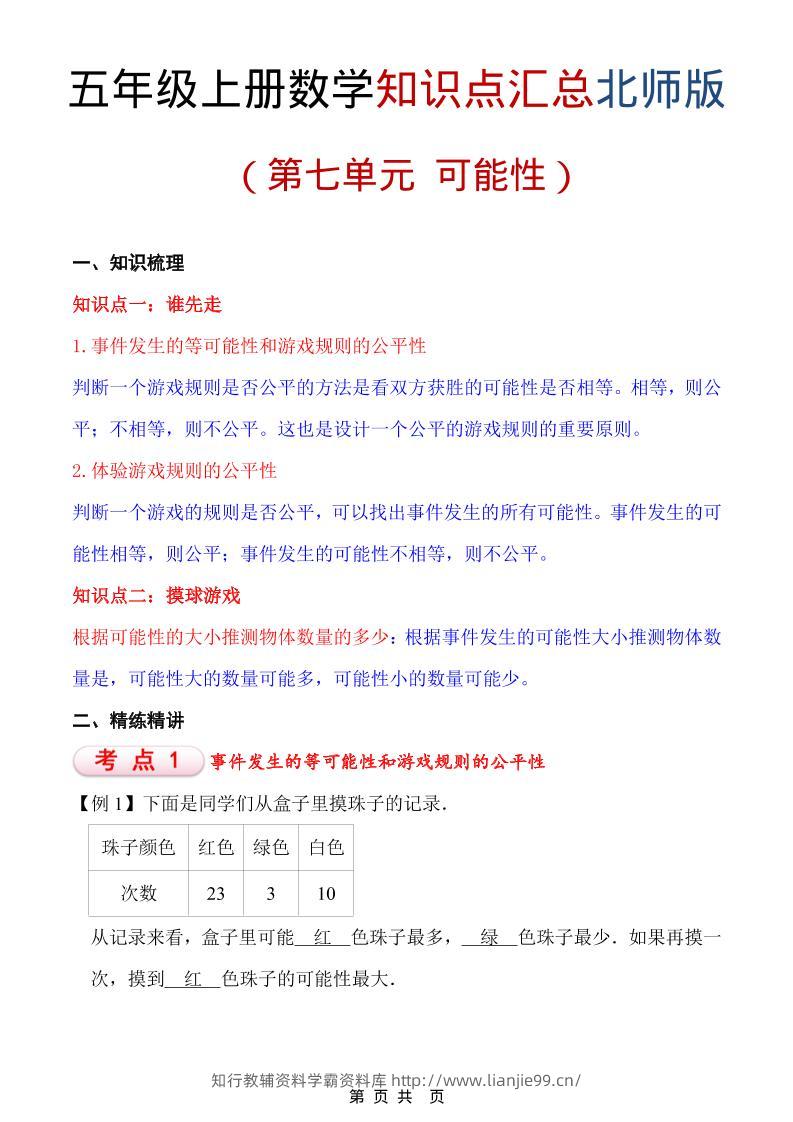 五年级上数学重点知识汇总第七单元《北师版》-学霸资料库学科资源下载