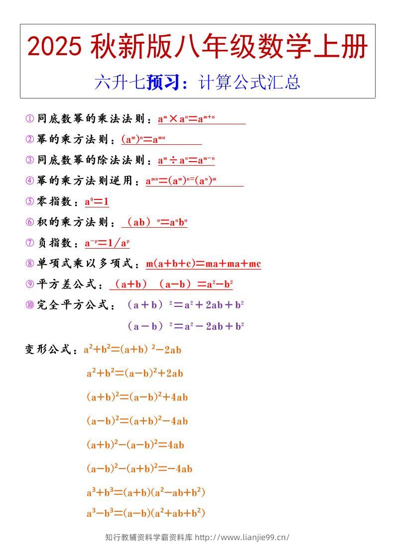 【2025秋新版】八年级上册数学计算公式汇总-学霸资料库学科资源下载