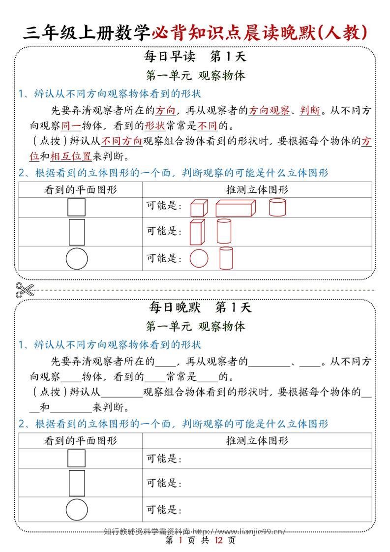 25新三上数学必背知识点晨读晚默（人教版）12页-学霸资料库学科资源下载