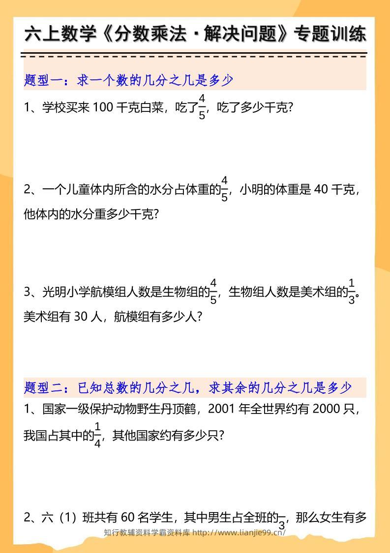 六上数学分数乘法解决问题专项训练（空白+答案10页）-学霸资料库学科资源下载