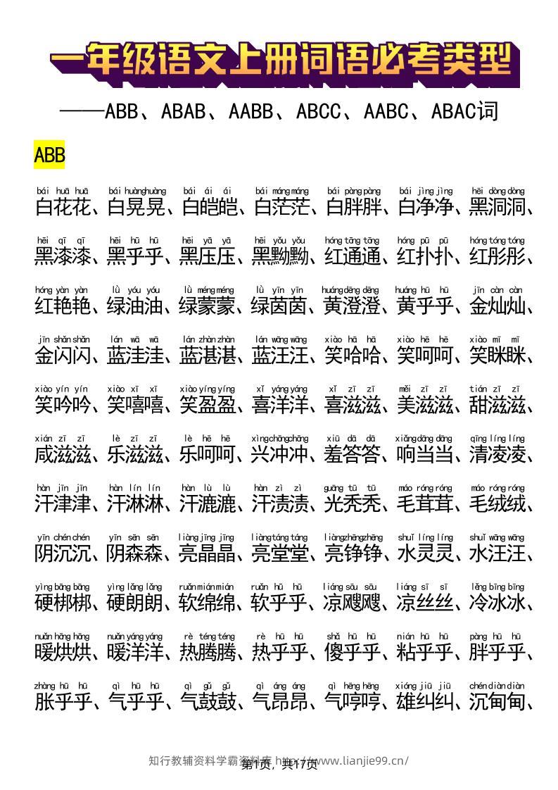 新一上语文词语必考类型(ABB、ABAB、AABB、ABCC、AABC、ABAC、ABCB类词语)17页-学霸资料库学科资源下载