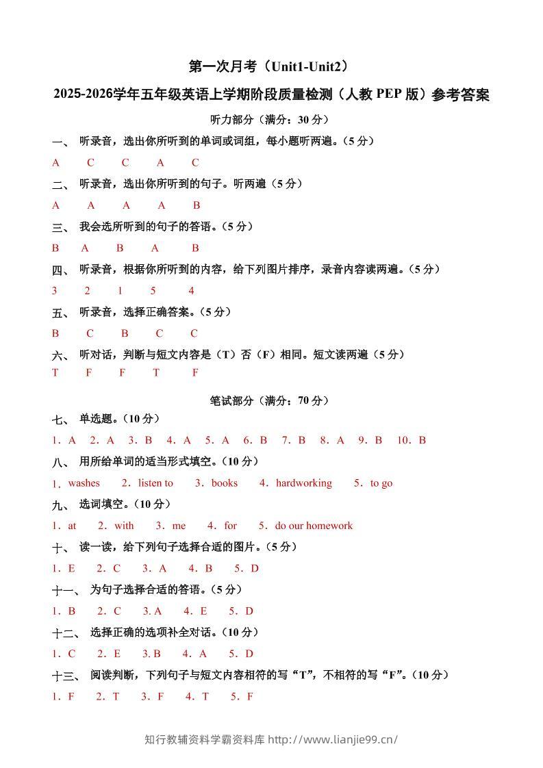 五上人教pep英语第一次月考（Unit1-Unit2）（参考答案）-学霸资料库学科资源下载
