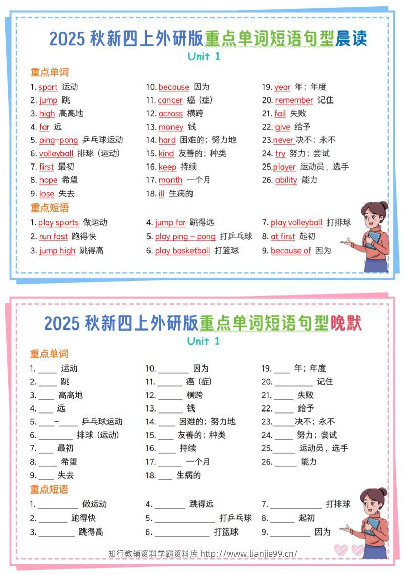新四上外研英语重点单词短语句型晨读晚默13页-学霸资料库学科资源下载