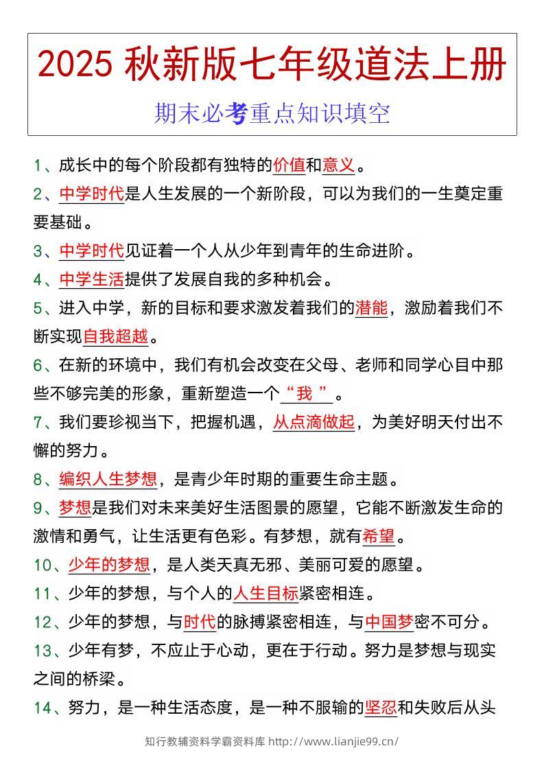 七年级道法上册期末必考重点知识填空-学霸资料库学科资源下载