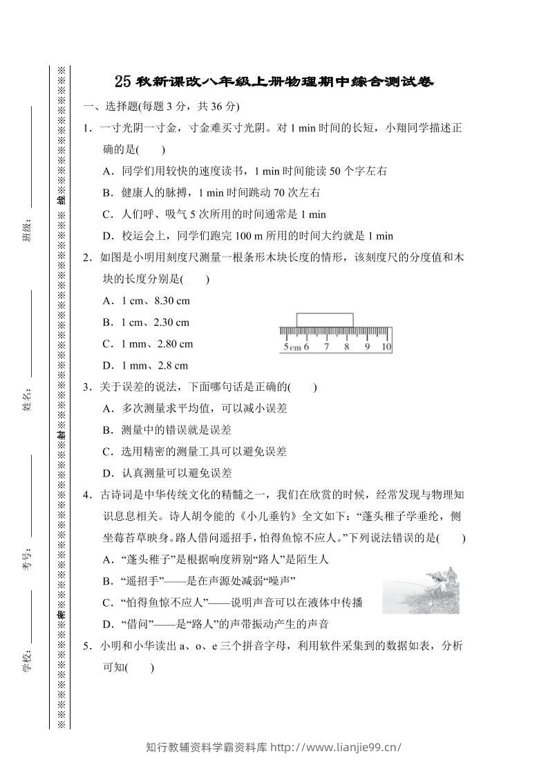 【2025秋新版】八年级上册物理期中综合测试卷-学霸资料库学科资源下载