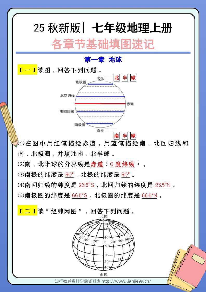 【2025秋新版】七年级地理上册：各章节基础填图速记（含答案）-学霸资料库学科资源下载