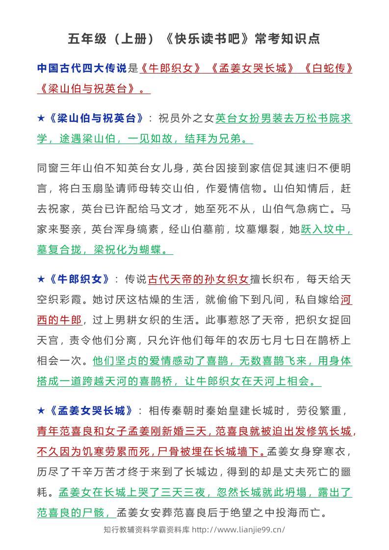 五年级语文上册常考知识点-学霸资料库学科资源下载