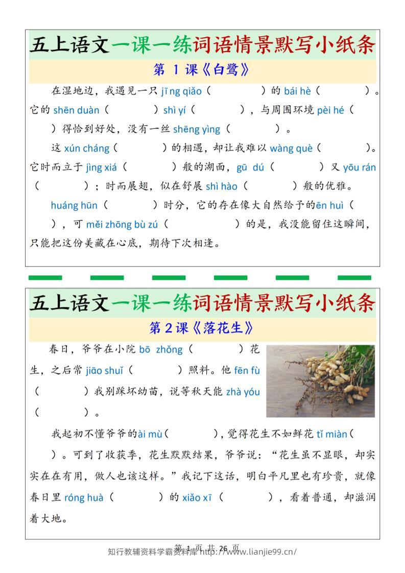 五上语文一课一练词语情景默写小纸条（含答案26页）-学霸资料库学科资源下载