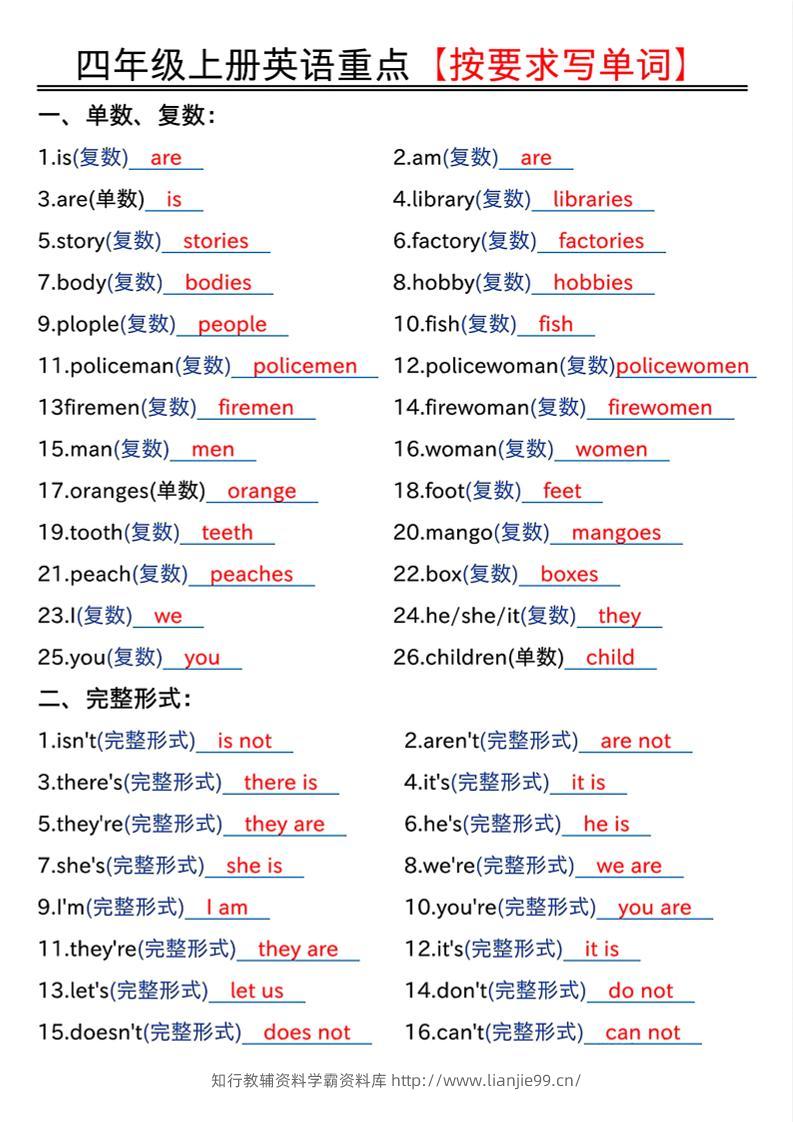 四年级上人教PEP版英语重点按要求写单词（答案）-学霸资料库学科资源下载