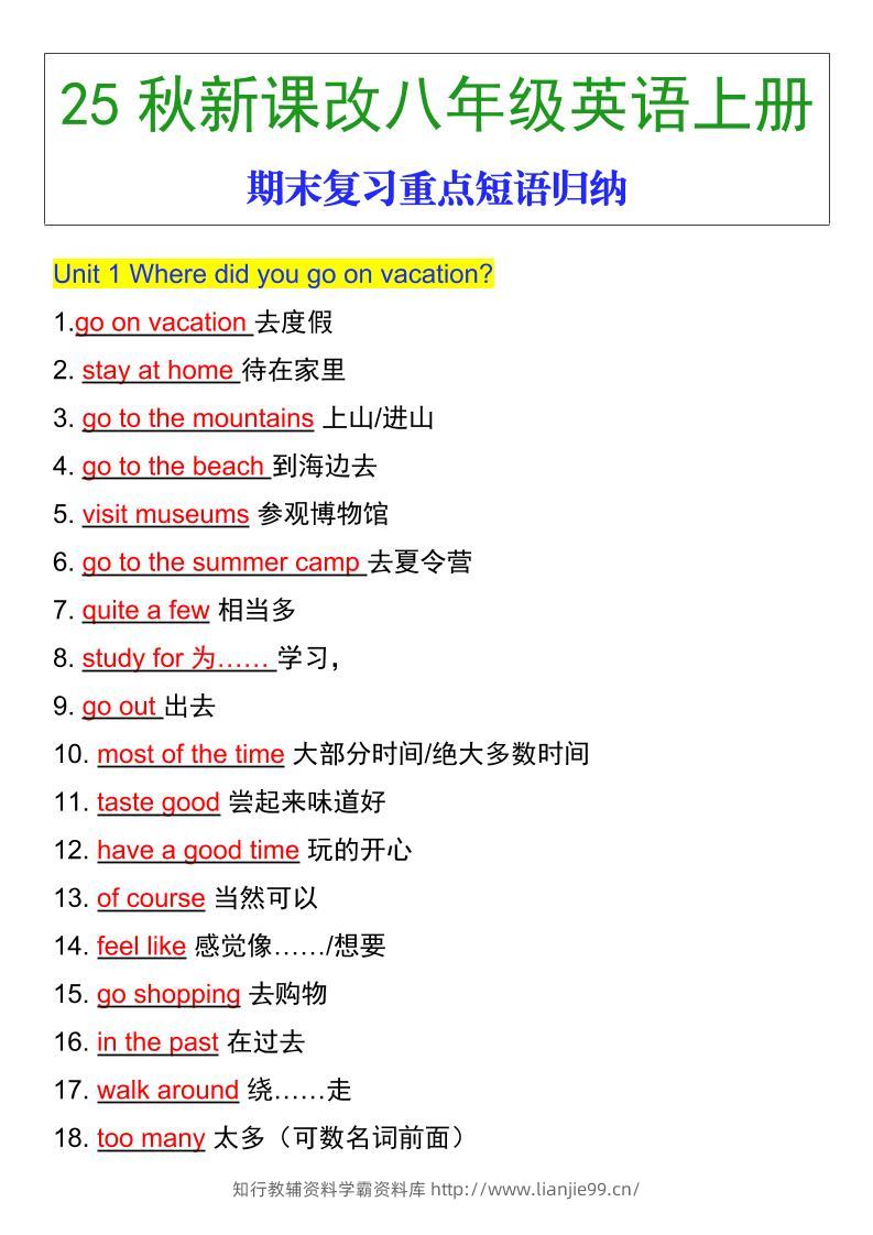 【2025秋新版】八年级英语上册期末复习重点短语归纳-学霸资料库学科资源下载