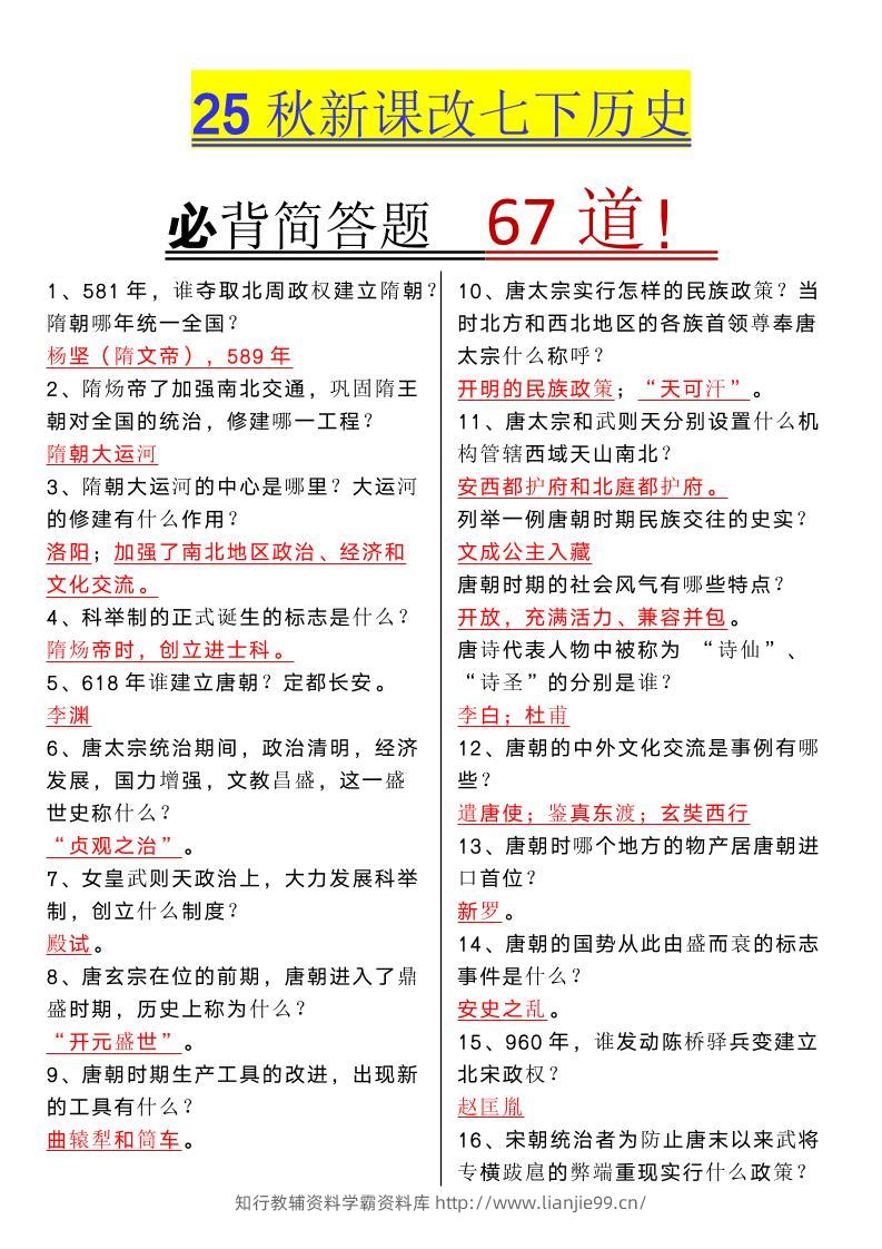 【2025秋新版】七年级下册历史必背简答题67道-学霸资料库学科资源下载
