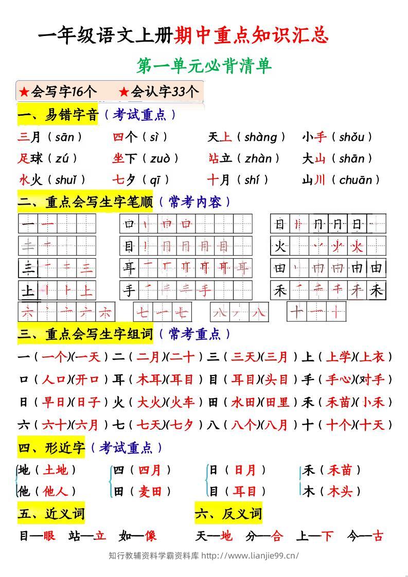 一上语文期中重点知识汇总-学霸资料库学科资源下载