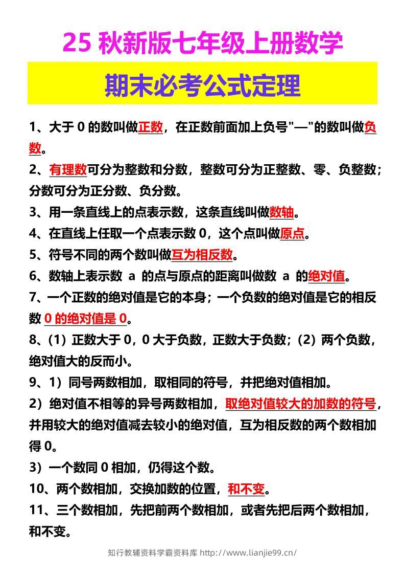 【2025秋新版】七年级上册数学期末必考公式定理-学霸资料库学科资源下载