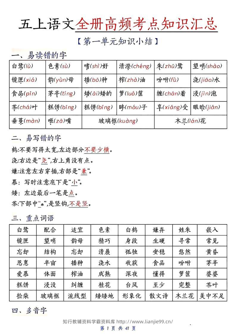 五上语文期中高频考点-学霸资料库学科资源下载