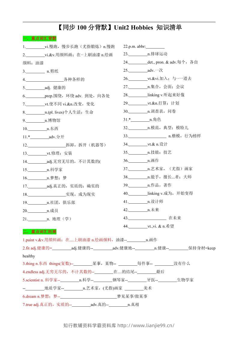 七年级上英语Unit2知识清单背默-学霸资料库学科资源下载
