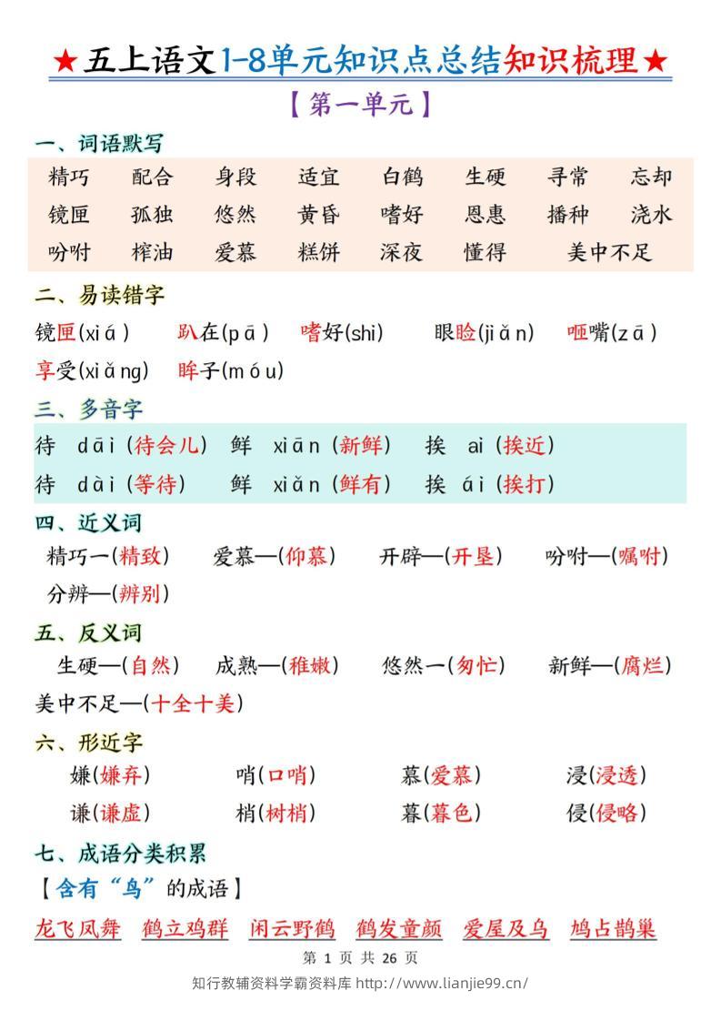 五上语文1-8单元知识点总结知识梳理26页-学霸资料库学科资源下载