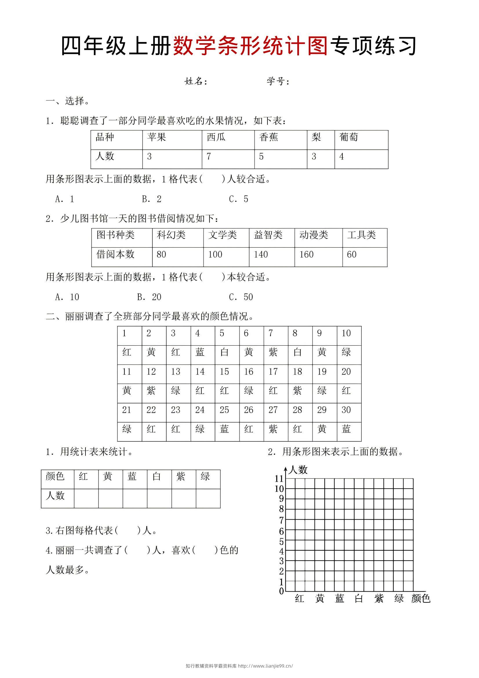 四年级上数学条形统计图专项练习-学霸资料库学科资源下载