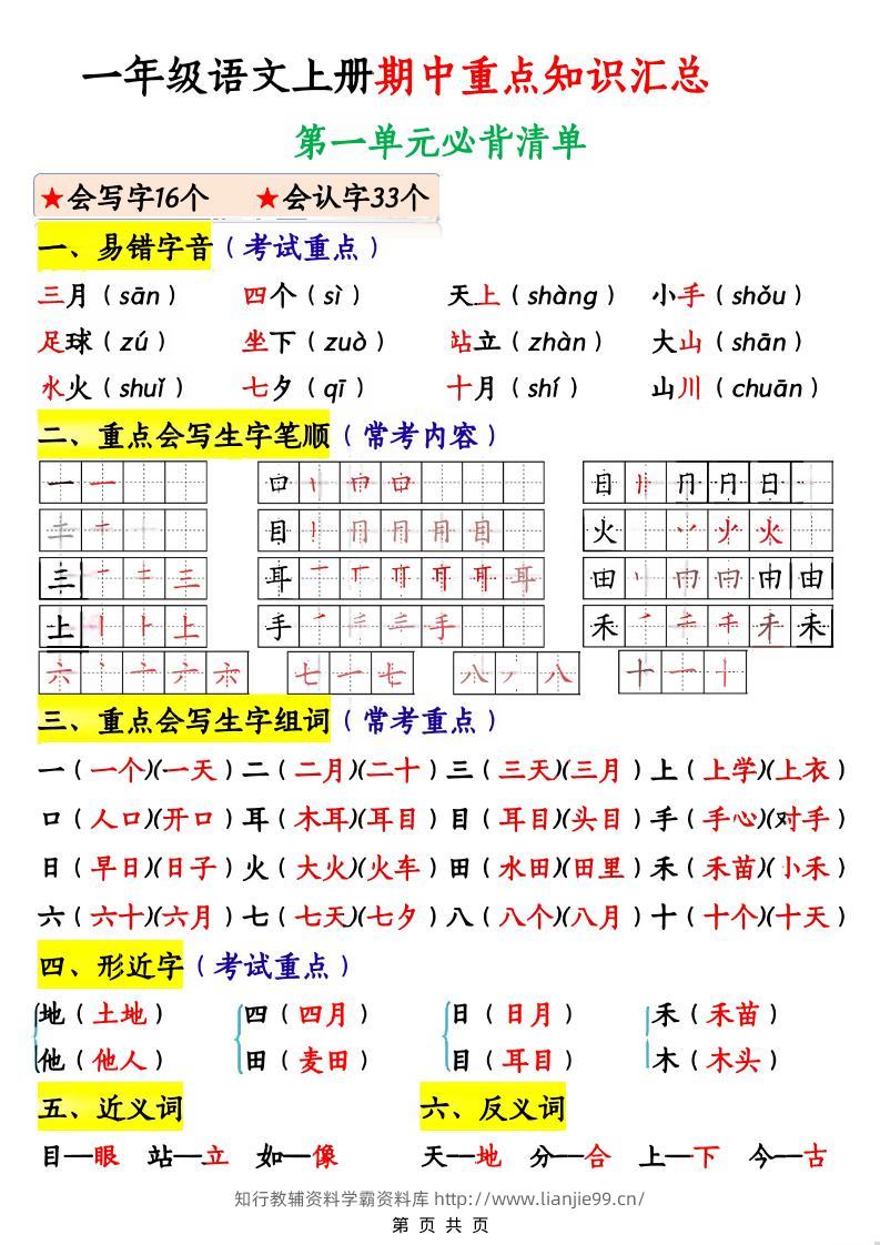 一年级上语文期中重点知识汇总-学霸资料库学科资源下载