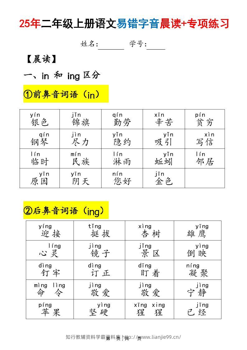 25年二上语文易错字音（晨读+专项练习）含答案28页-学霸资料库学科资源下载