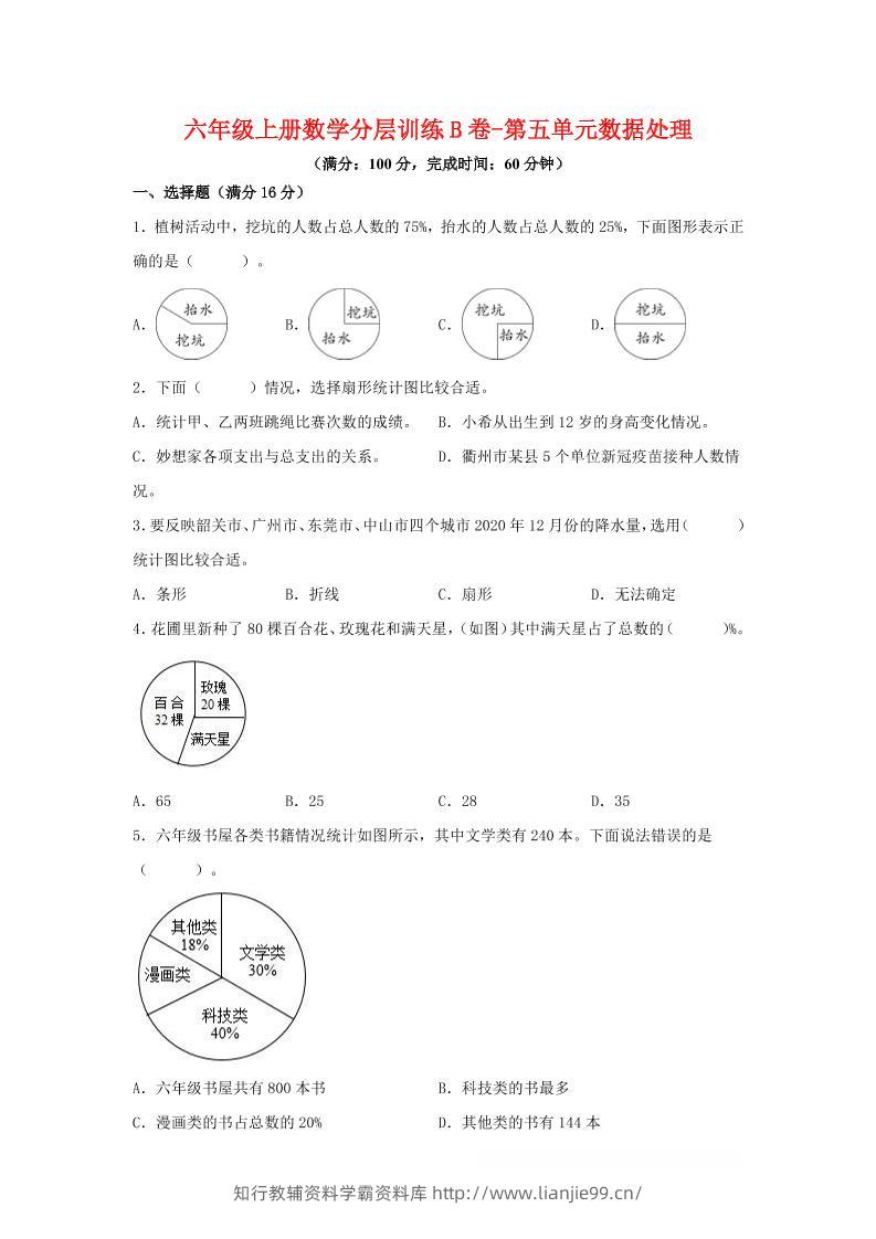 六年级上北师版数学第五单元数据处理单元测试B卷-学霸资料库学科资源下载
