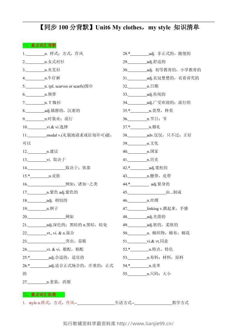 七年级上英语Unit6知识清单背默-学霸资料库学科资源下载