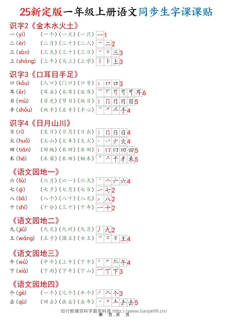 一年级上语文25最新版同步生字课课贴-学霸资料库学科资源下载