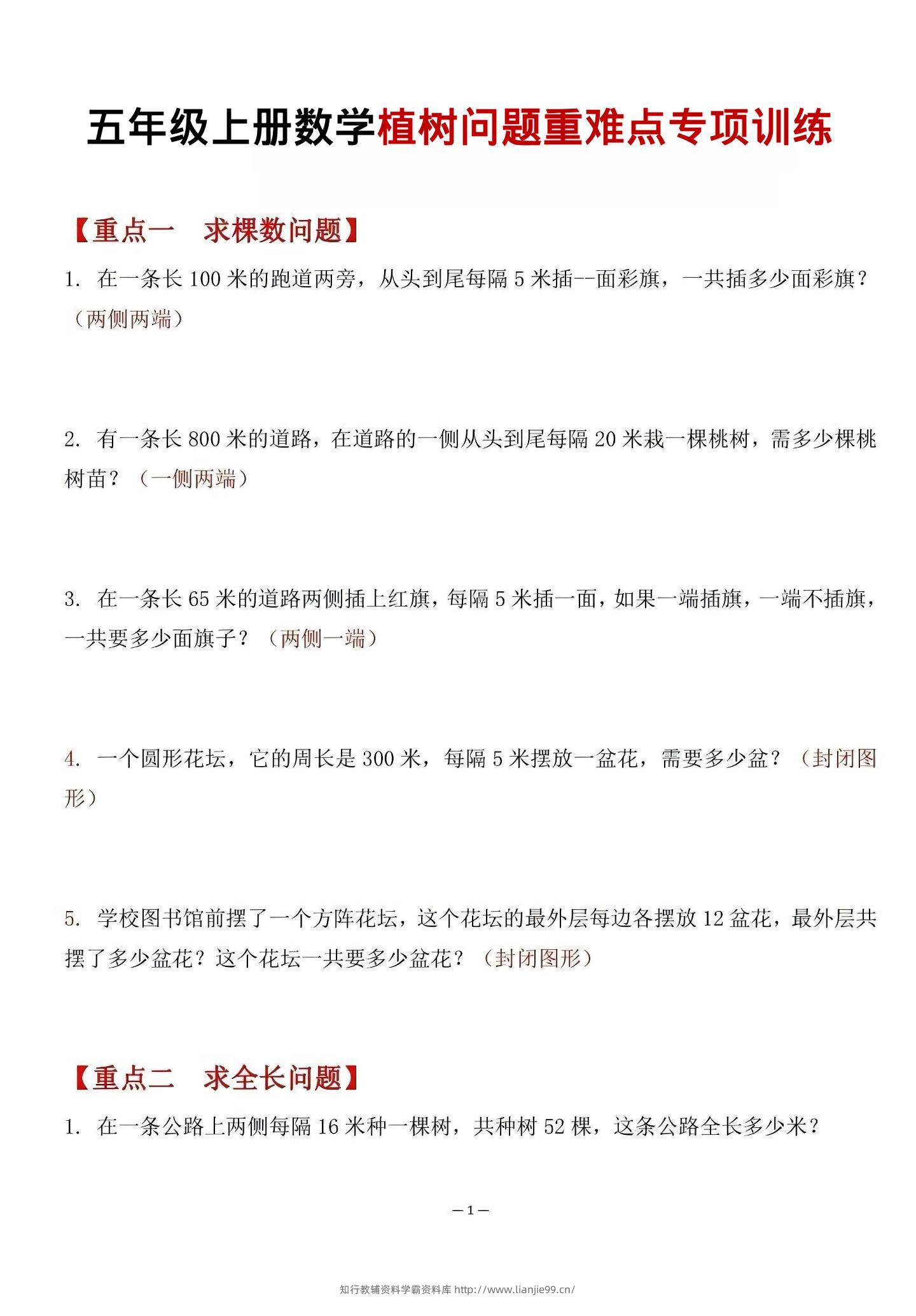 五年级上数学植树问题重难点专项训练-学霸资料库学科资源下载