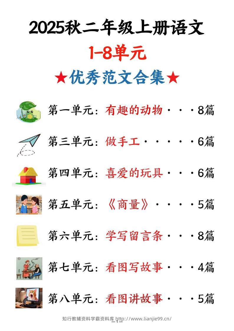 25秋二上语文1-8单元优秀范文合集（22页）-学霸资料库学科资源下载