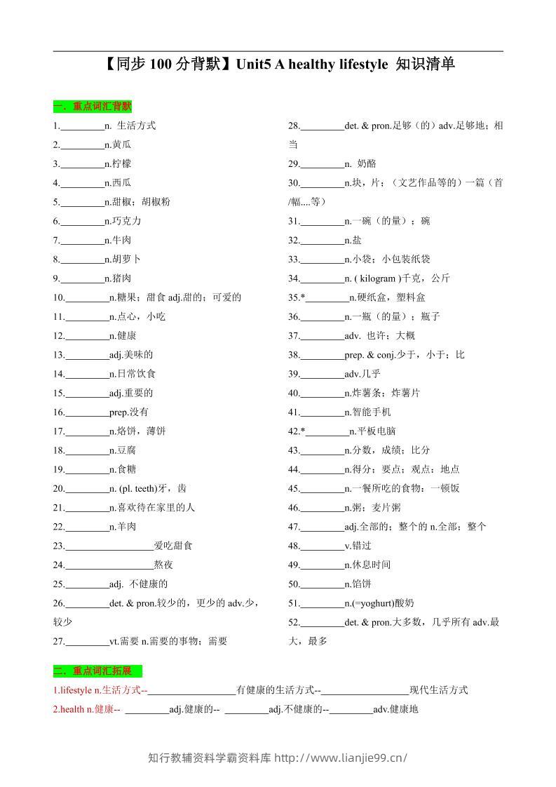 七年级上英语Unit5知识清单背默-学霸资料库学科资源下载