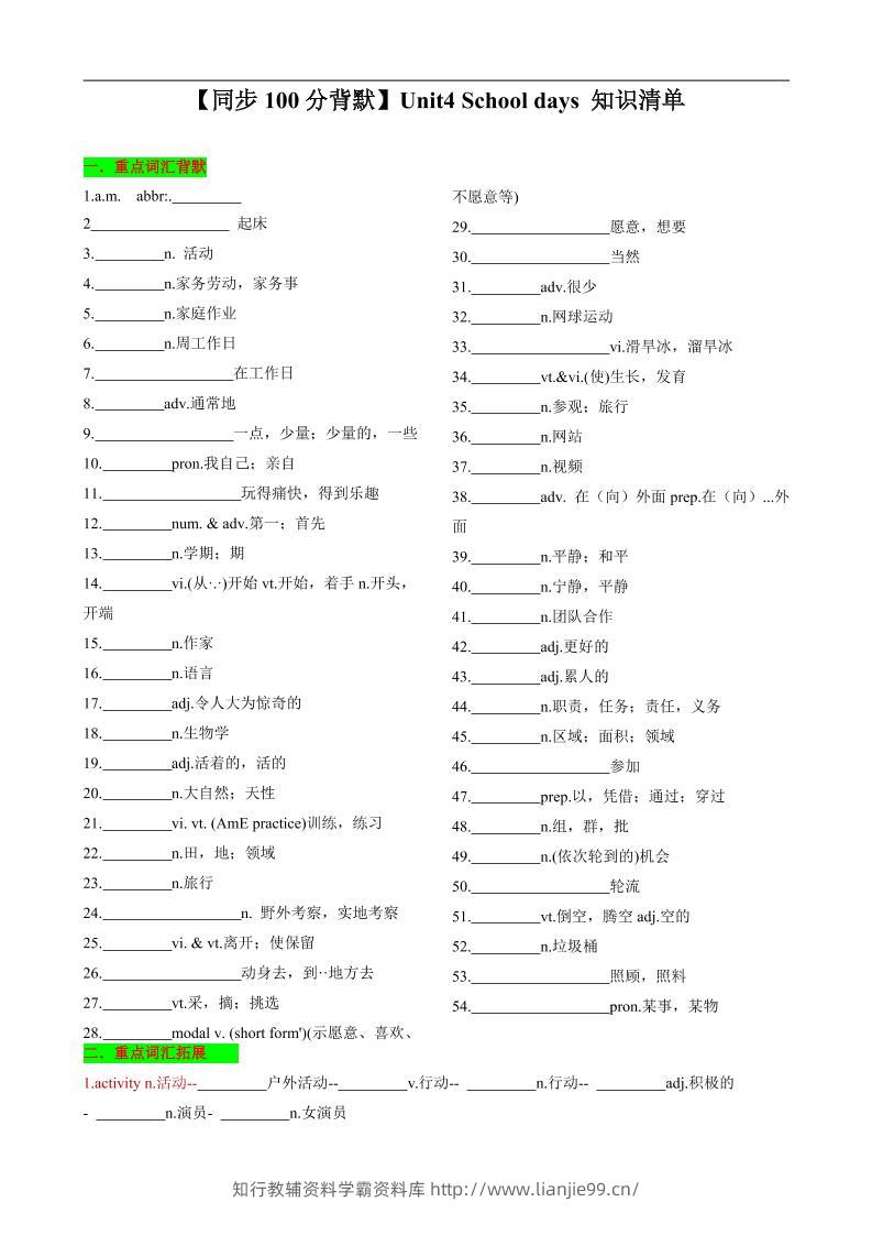 七年级上英语Unit4知识清单背默-学霸资料库学科资源下载