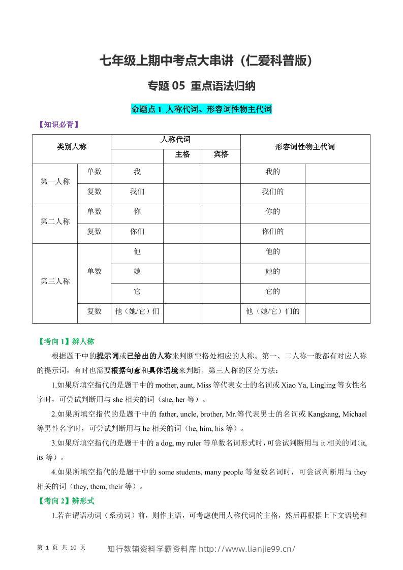 七年级上英语重点语法归纳-仁爱科普版-学霸资料库学科资源下载