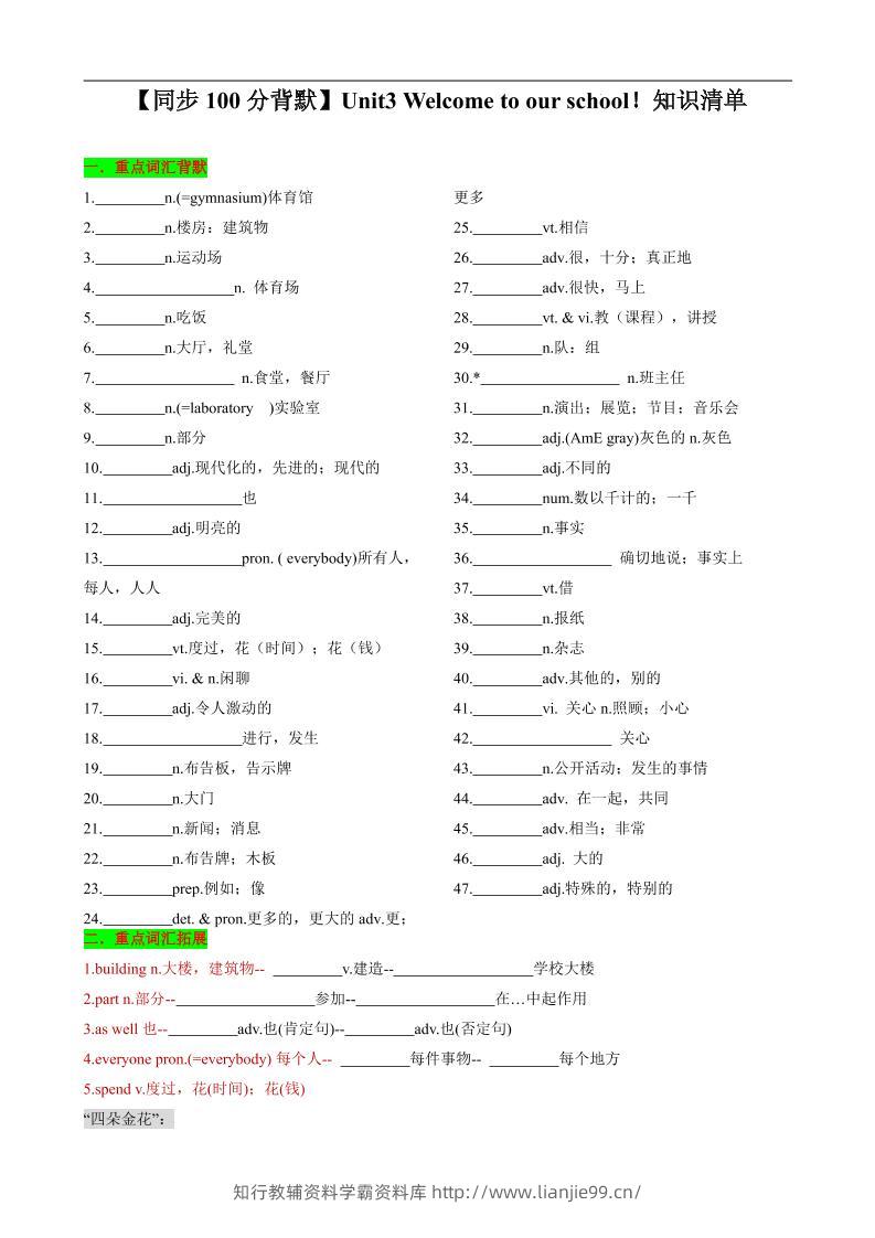 七年级上英语Unit3知识清单背默-学霸资料库学科资源下载