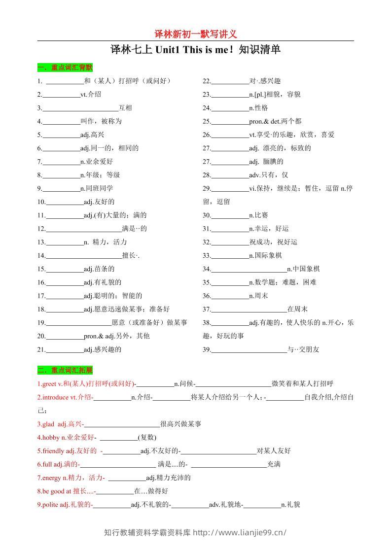 七年级上英语Unit1知识清单背默-学霸资料库学科资源下载