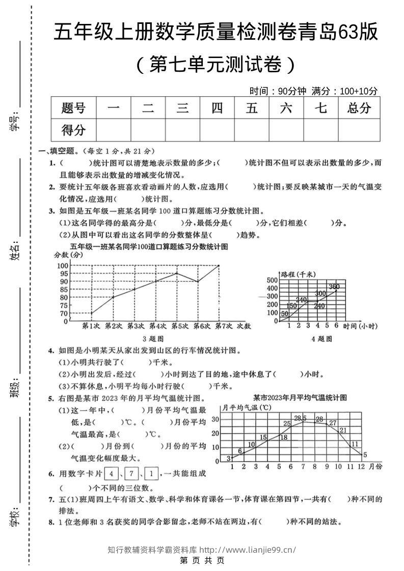 五年级上数学第七单元质量检测卷《青岛63版》-学霸资料库学科资源下载