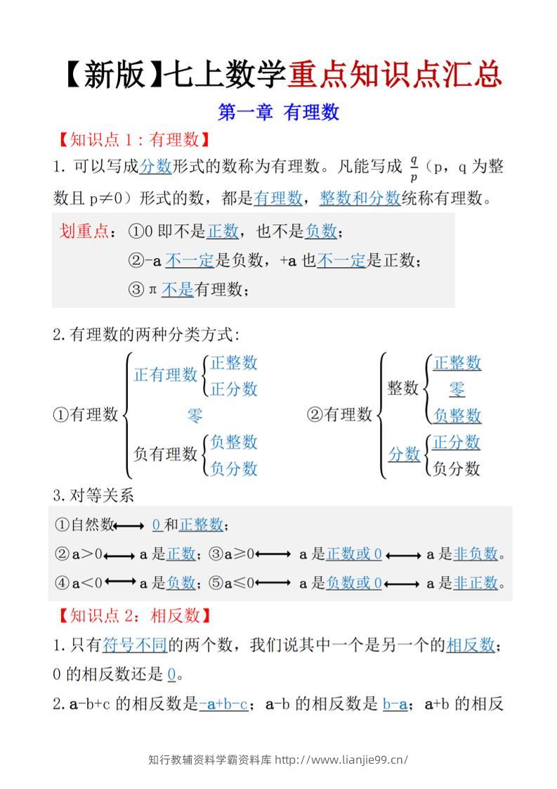 七年级上数学知识点总结（人教版）-学霸资料库学科资源下载