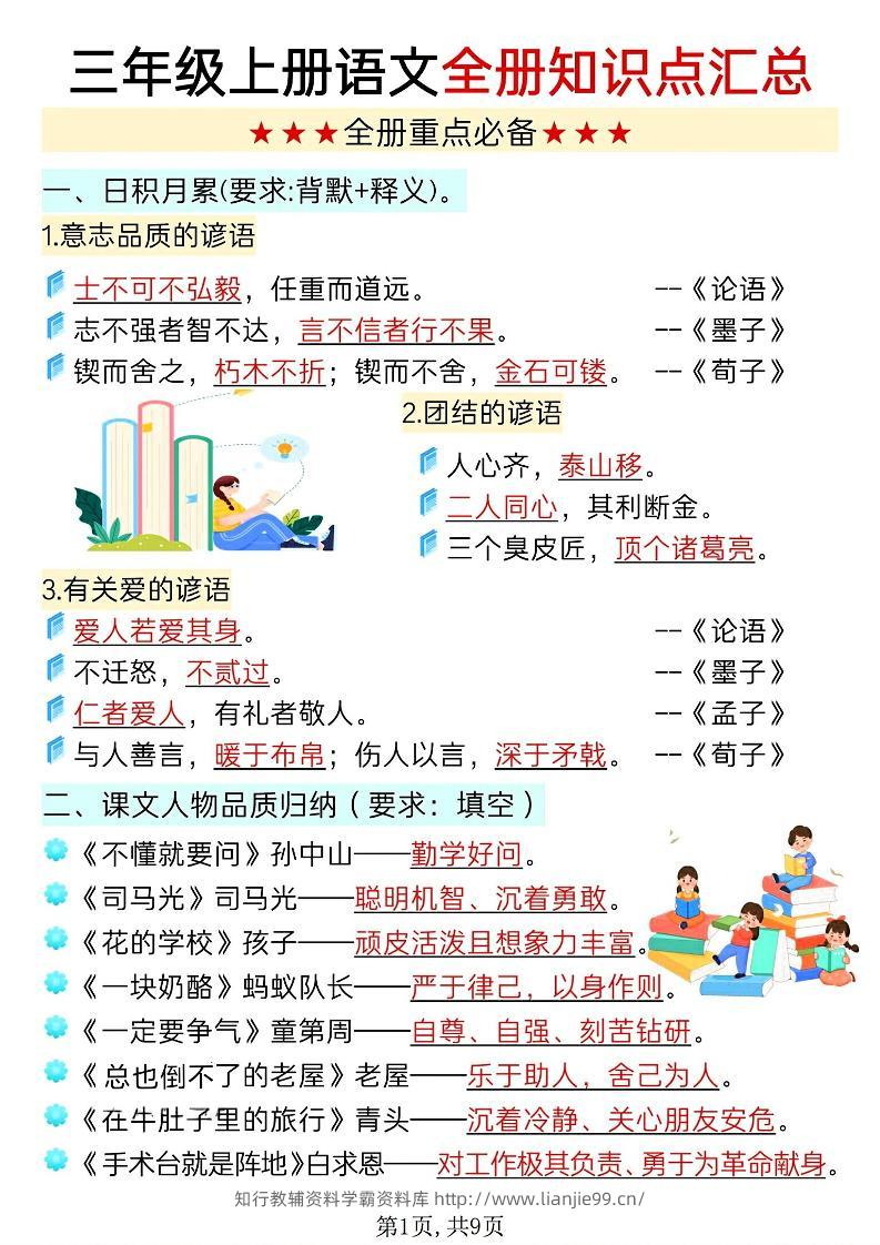 新三上语文全册知识点汇总（9页）-学霸资料库学科资源下载