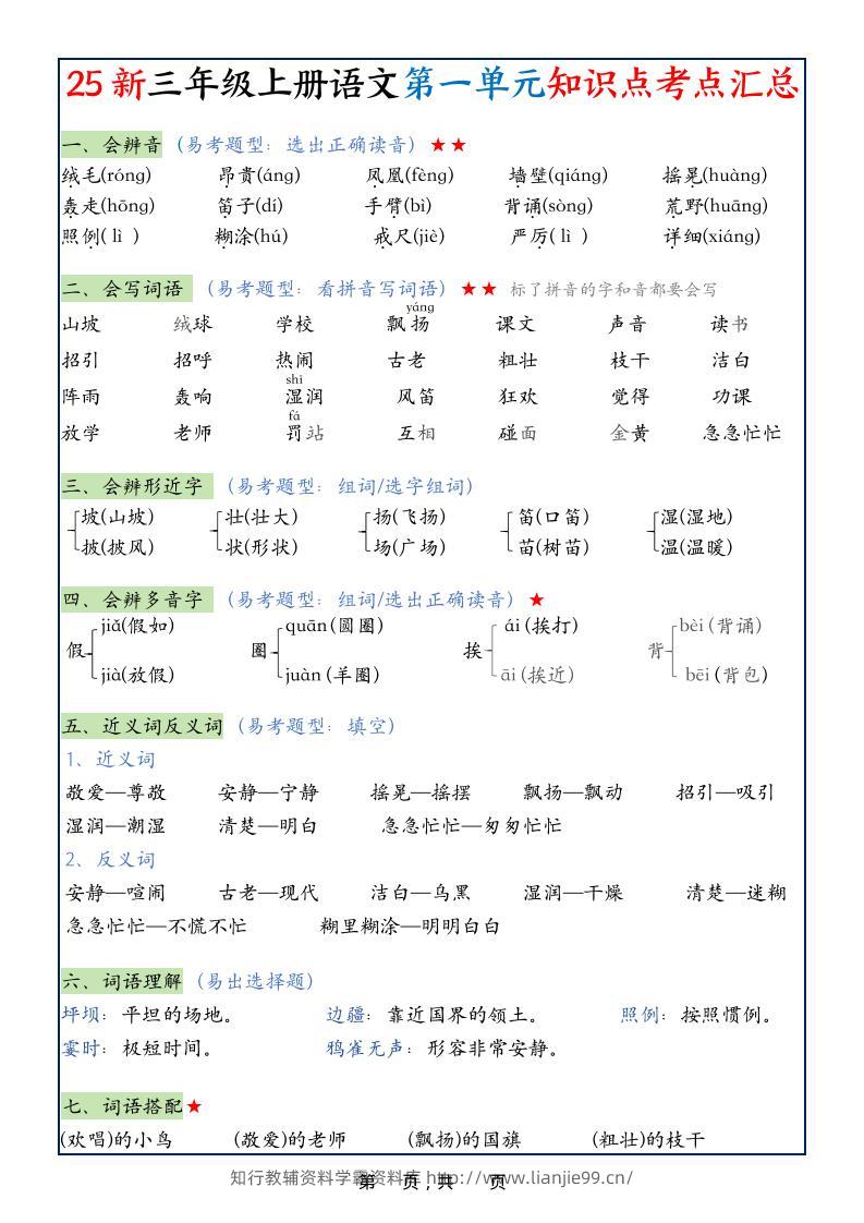 25新三上语文1-8单元知识点考点汇总（24页）-学霸资料库学科资源下载