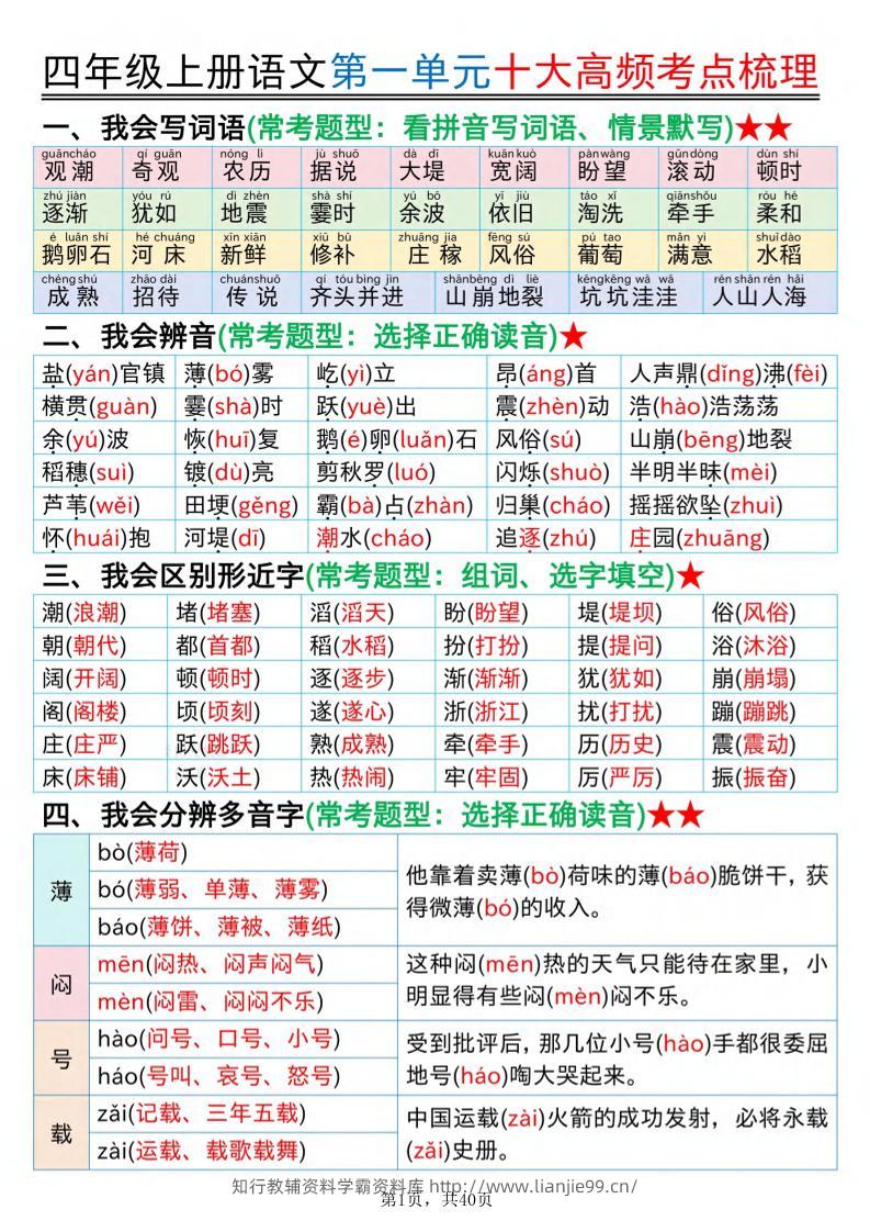 四上语文1-8单元十大高频考点梳理（40页）-学霸资料库学科资源下载