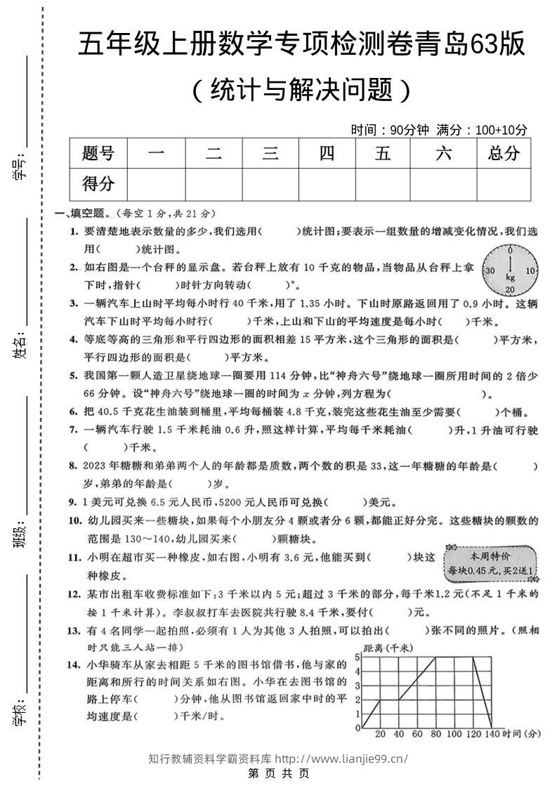 五年级上数学统计与解决问题专项检测卷《青岛63版》-学霸资料库学科资源下载