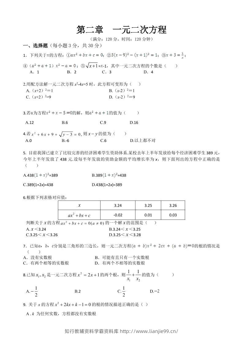 九年级上数学第二章综合练习（北师大版）-学霸资料库学科资源下载