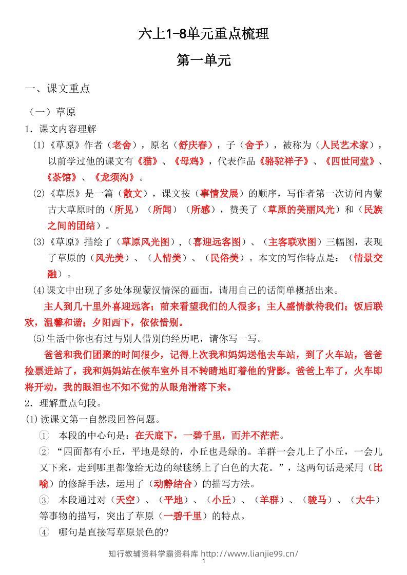 六上1-8单元重点梳理（课文重点+语文园地）-学霸资料库学科资源下载