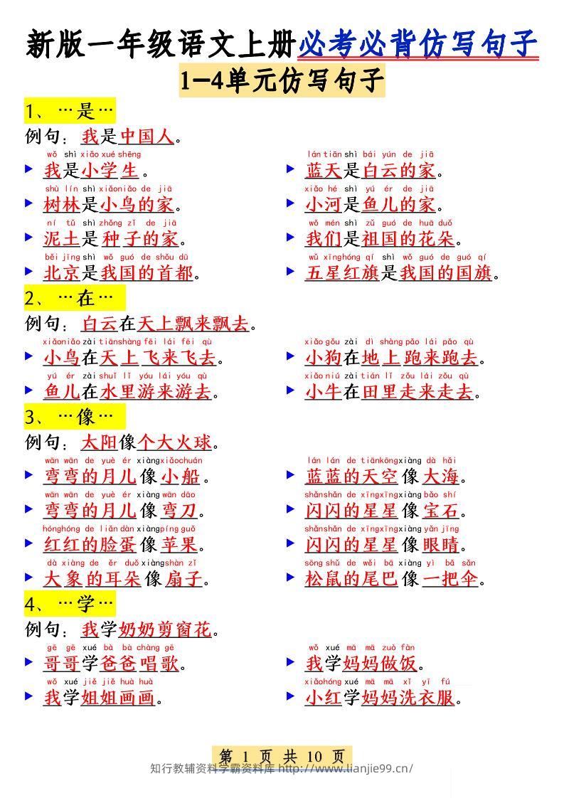 新一上语文必考必背仿写句子(含仿写练习10页)-学霸资料库学科资源下载